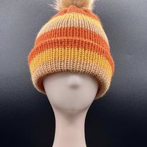 Fall Colored Striped Beanie with Pom Pom