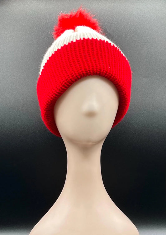 Ivory & Crimson Beanie with Pom Pom